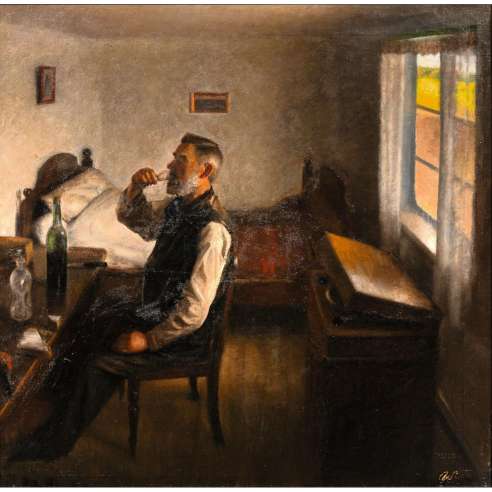 Axel Soeborg, Oil on canvas+ Farmer busy eating his lunch, (I think he's just having a drink)