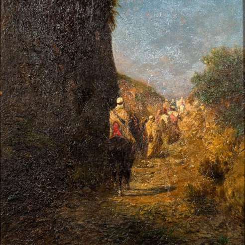 Honoré BOZE, Oil on panel+Riders and Bedouins walking on a path near a cliff