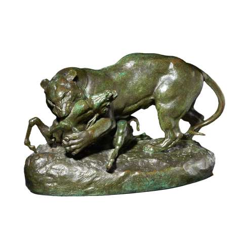 Antoine-Louis Barye (1796-1875), Tiger surprising an antelope (terrace without profile)