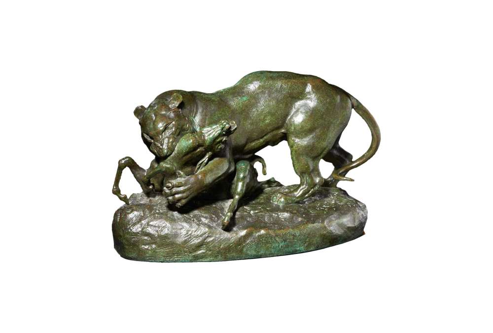 Bronze Antoine - Louis Barye - Tigre surprenant une antilope - Patine Verte