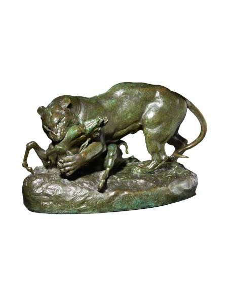 Bronze Antoine - Louis Barye - Tigre surprenant une antilope - Patine Verte