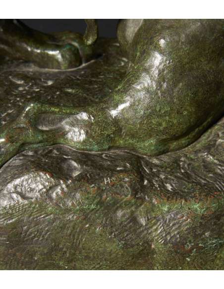Bronze Antoine - Louis Barye - Tigre surprenant une antilope - Patine Verte