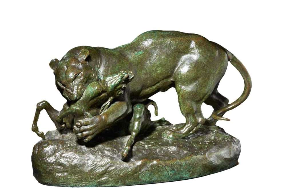 Bronze Antoine - Louis Barye - Tigre surprenant une antilope - Patine Verte