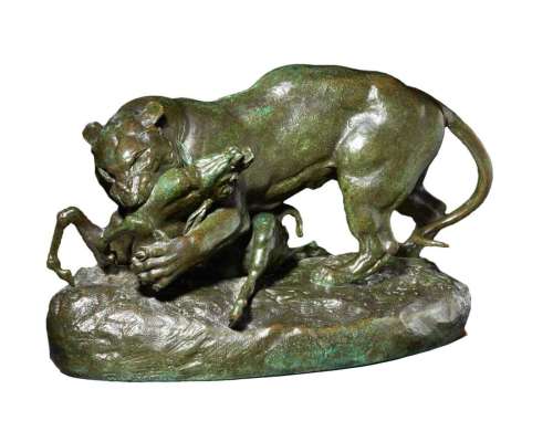 Antoine-Louis Barye bronze sculpture Tiger Surprising an Antelope