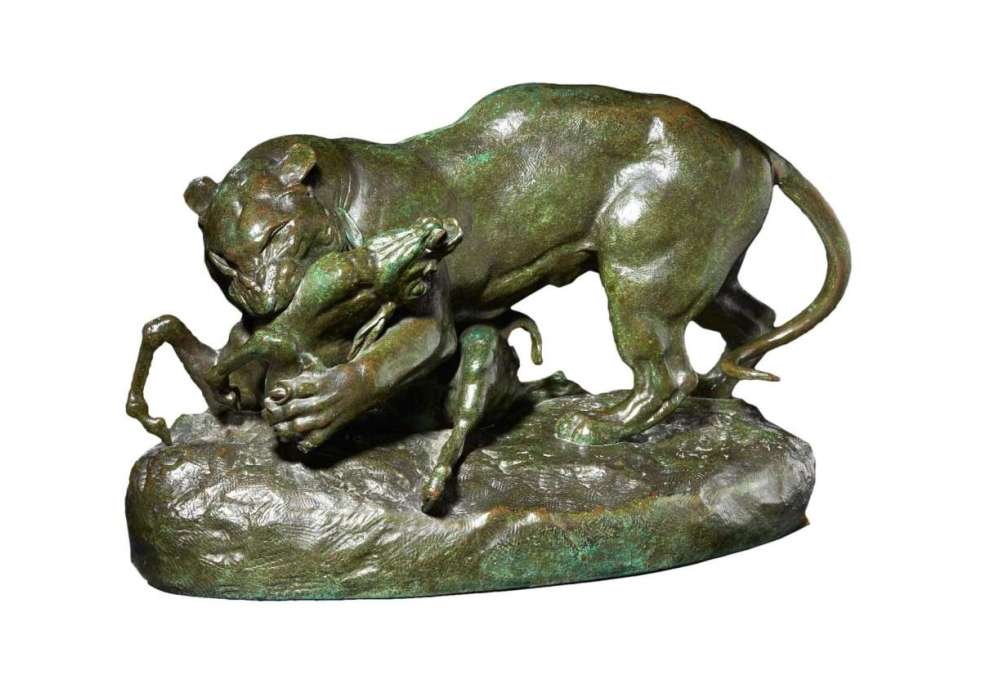 Antoine-Louis Barye bronzen beeld tijger verrast antilope