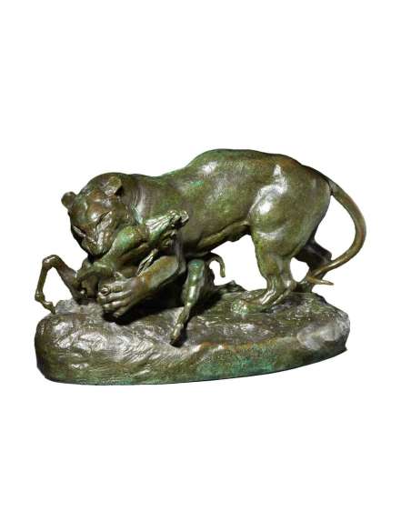 Bronze Antoine-Louis Barye Tigre surprenant une antilope patine verte