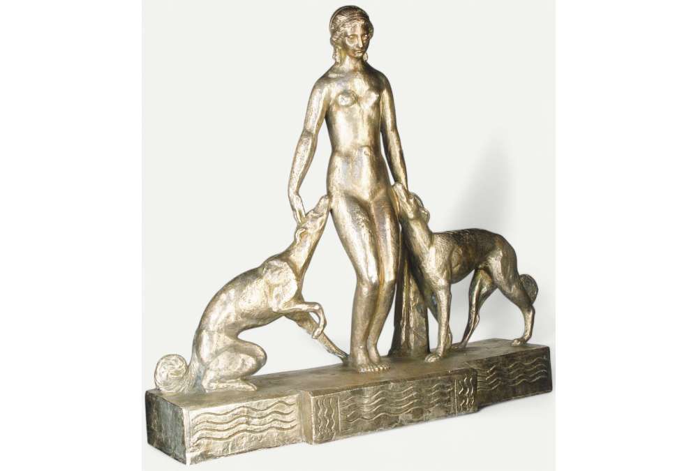 Diane et les Lévrier, sculpture en bronze par Giuseppe Joseph (1881–1945)