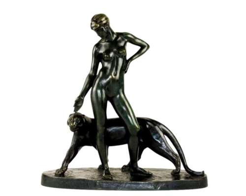 Woman and Panther - Bronze by Albert Poncin (1877-1954), Art Deco influence 2