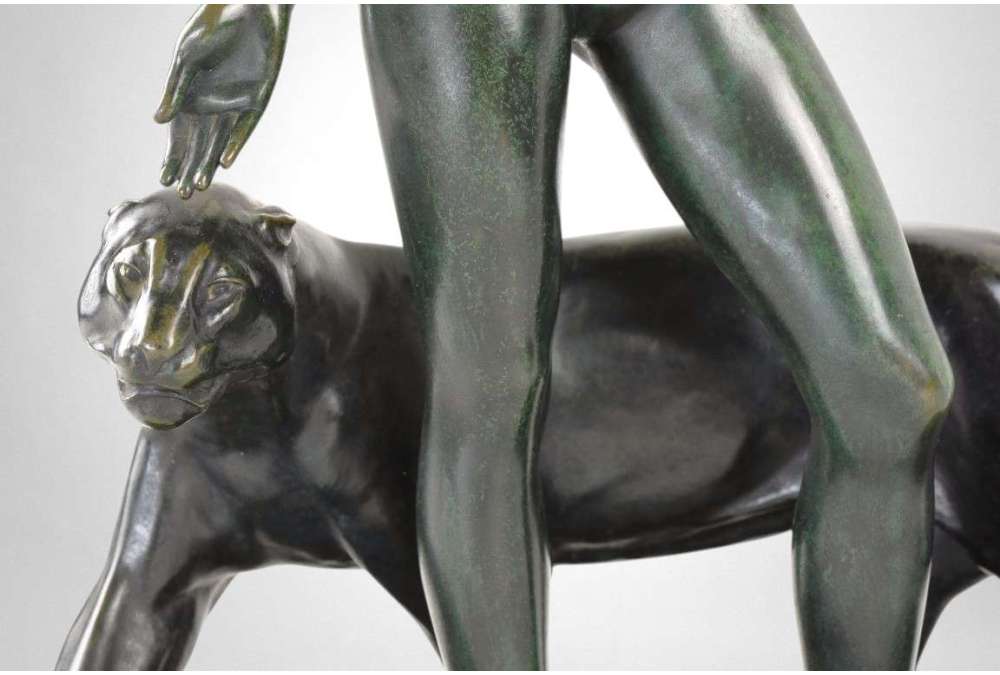Vrouw en Panter – Brons door Albert Poncin (1877-1954), Art Deco-invloed