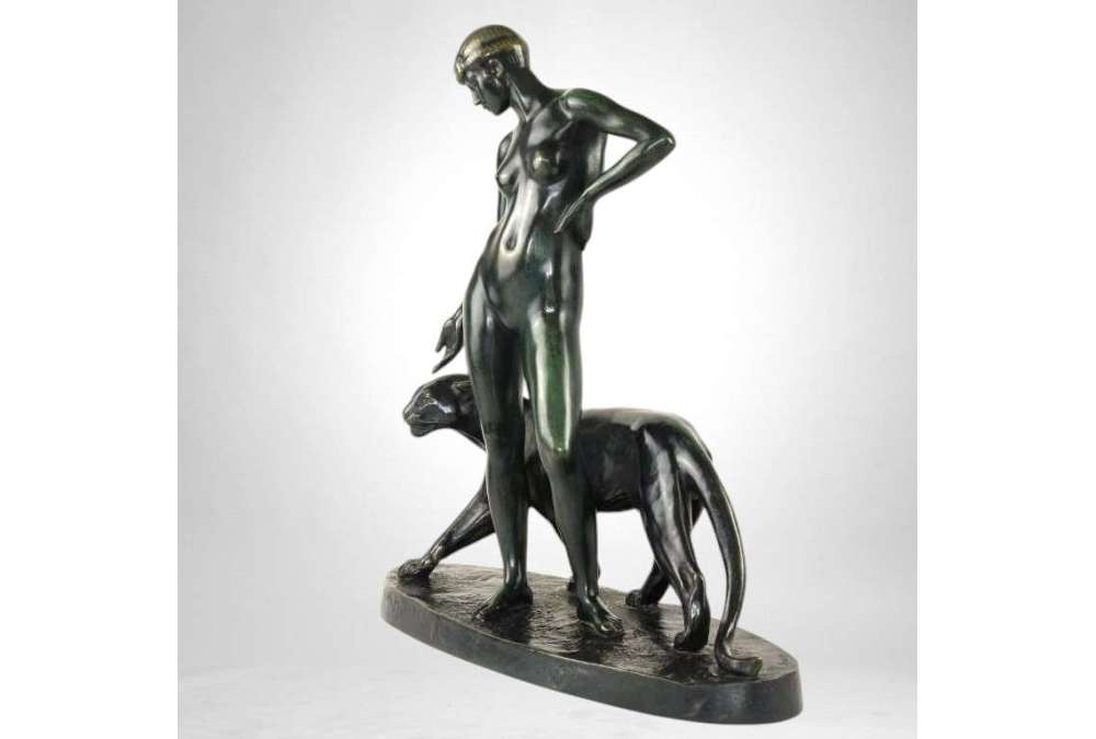 Vrouw en Panter – Brons door Albert Poncin (1877-1954), Art Deco-invloed