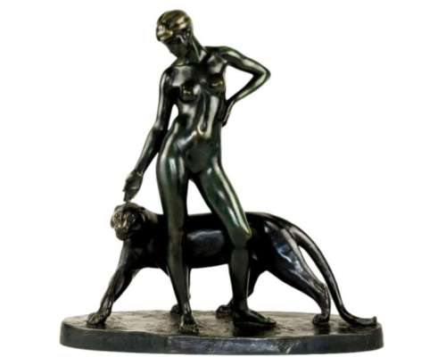 Woman and Panther - Bronze by Albert Poncin (1877-1954), Art Deco influence