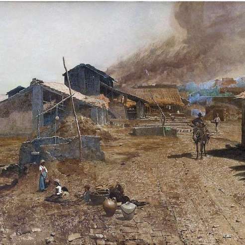 Brandt Fritz (1853 – 1905), Aquarelle  sur papier+ La vie de village au bord de la mer