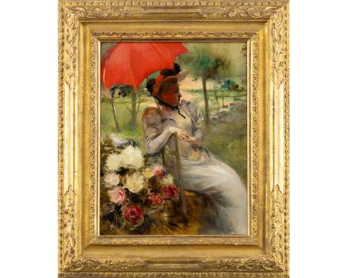 Le Parasol Rouge, Huile sur toile par Edgard de St-Pierre De Montzaigle (1867–1930)