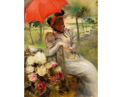 De Rode Parasol, Olie op doek door Edgard de St-Pierre De Montzaigle (1867-1930) 2