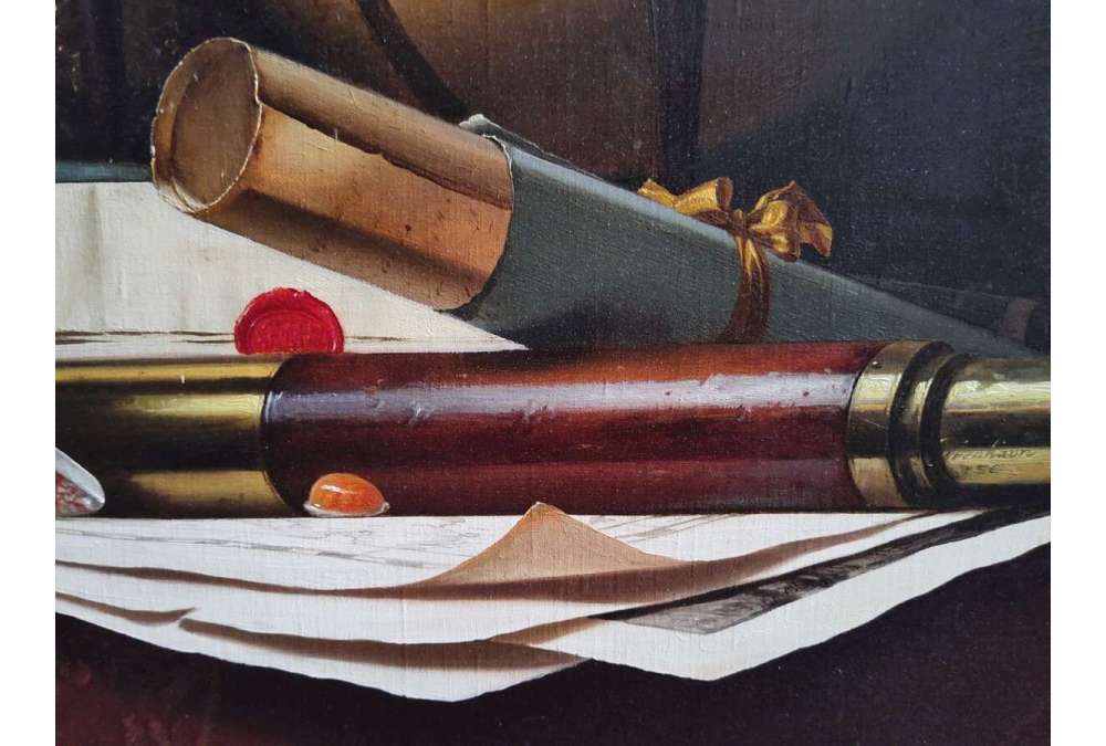 Nature Morte met Globe, Boeken en Telescoop, Olieverf op doek door Jean Grimal (1942–1998)