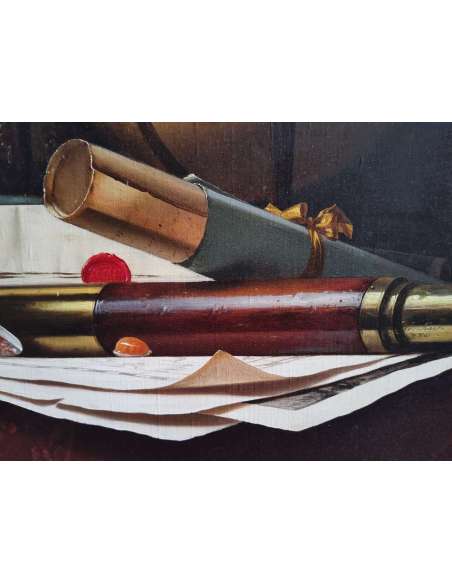 Nature Morte met Globe, Boeken en Telescoop, Olieverf op doek door Jean Grimal (1942–1998)