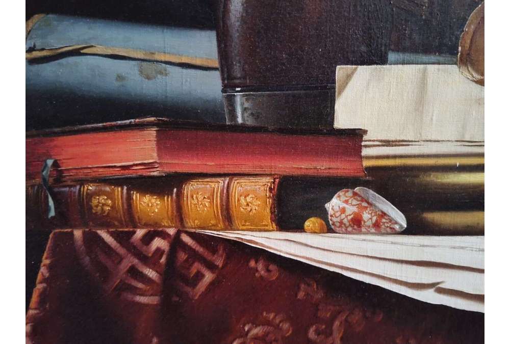 Nature Morte met Globe, Boeken en Telescoop, Olieverf op doek door Jean Grimal (1942–1998)