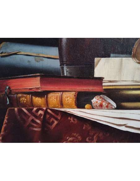 Nature Morte met Globe, Boeken en Telescoop, Olieverf op doek door Jean Grimal (1942–1998)