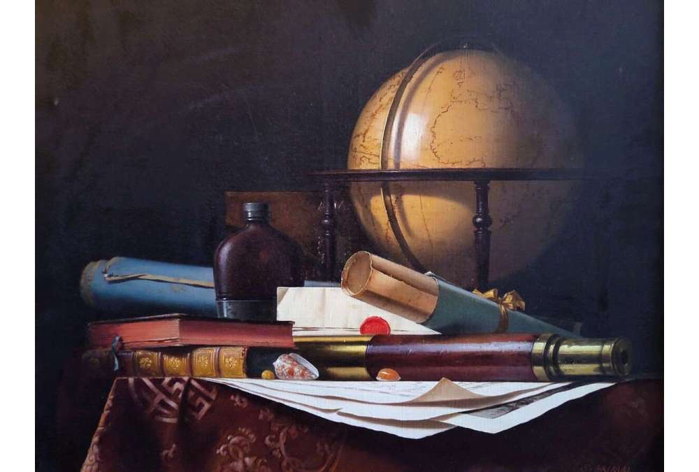 Nature Morte met Globe, Boeken en Telescoop, Olieverf op doek door Jean Grimal (1942–1998)