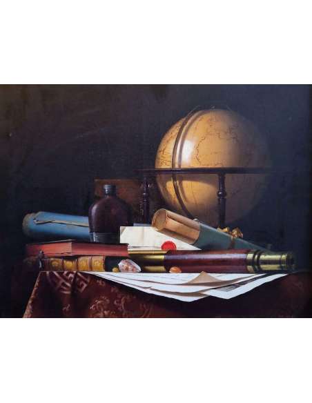 Nature Morte met Globe, Boeken en Telescoop, Olieverf op doek door Jean Grimal (1942–1998)
