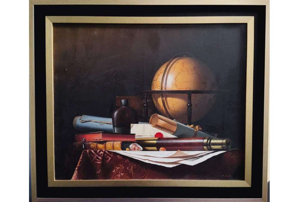 Nature Morte met Globe, Boeken en Telescoop, Olieverf op doek door Jean Grimal (1942–1998)