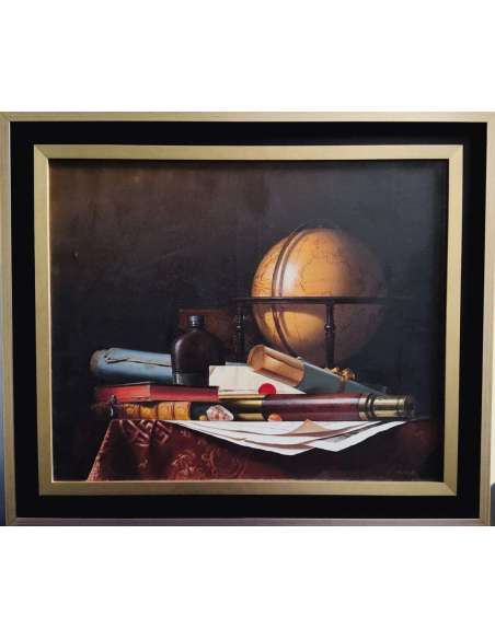 Nature Morte met Globe, Boeken en Telescoop, Olieverf op doek door Jean Grimal (1942–1998)