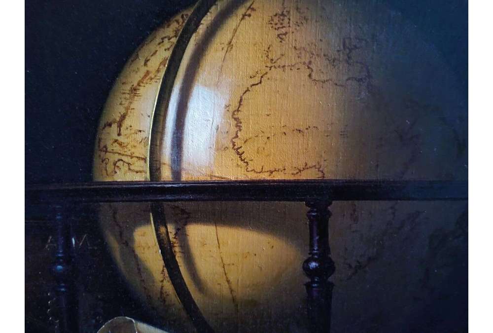 Nature Morte met Globe, Boeken en Telescoop, Olieverf op doek door Jean Grimal (1942–1998)