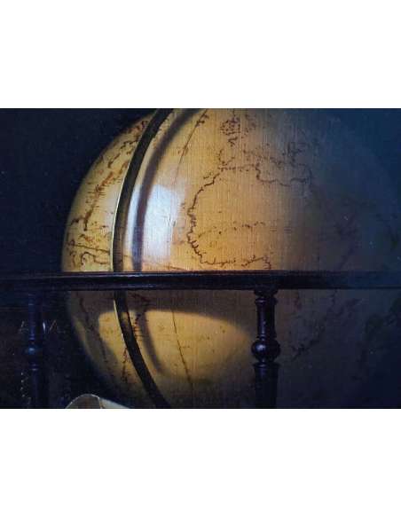 Nature Morte met Globe, Boeken en Telescoop, Olieverf op doek door Jean Grimal (1942–1998)