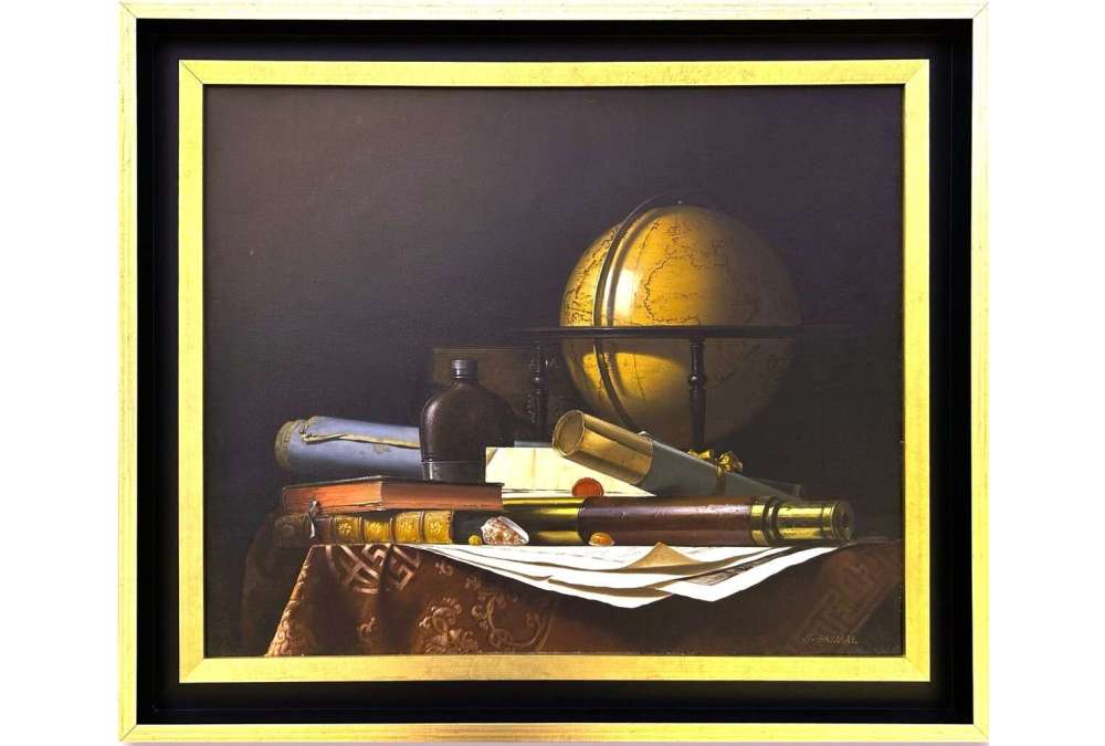 Nature Morte met Globe, Boeken en Telescoop, Olieverf op doek door Jean Grimal (1942–1998)