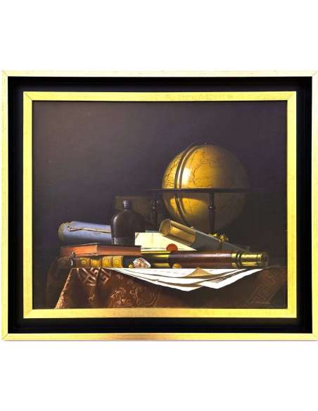 Nature Morte met Globe, Boeken en Telescoop, Olieverf op doek door Jean Grimal (1942–1998)