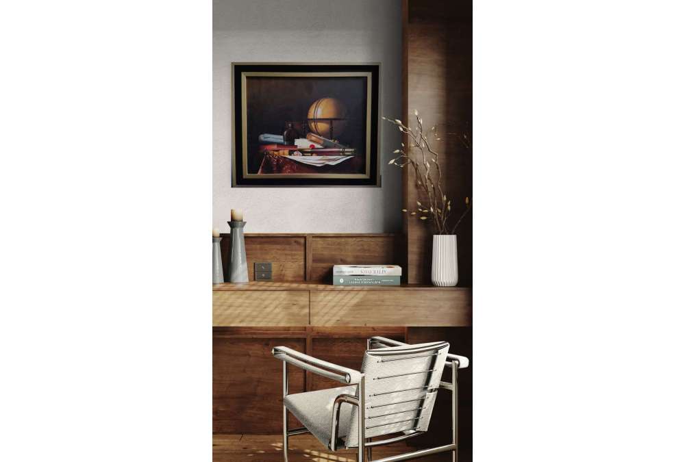 Nature Morte met Globe, Boeken en Telescoop, Olieverf op doek door Jean Grimal (1942–1998)