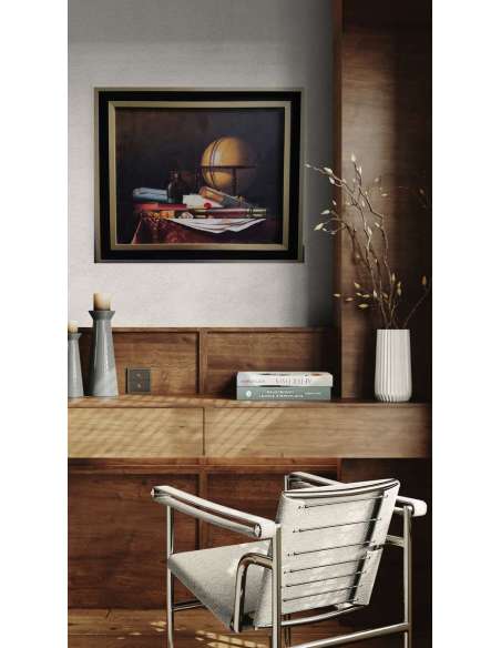 Nature Morte met Globe, Boeken en Telescoop, Olieverf op doek door Jean Grimal (1942–1998)