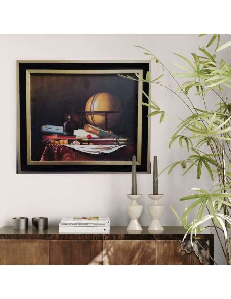 Nature Morte met Globe, Boeken en Telescoop, Olieverf op doek door Jean Grimal (1942–1998)