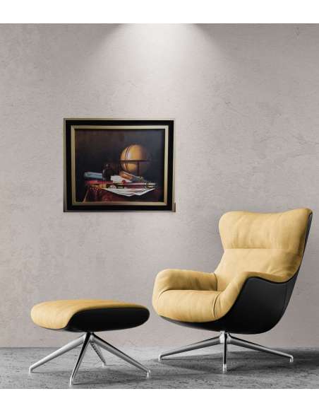 Nature Morte met Globe, Boeken en Telescoop, Olieverf op doek door Jean Grimal (1942–1998)