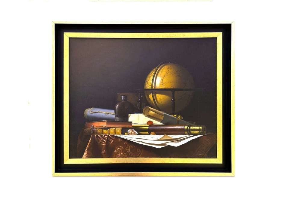Nature Morte met Globe, Boeken en Telescoop, Olieverf op doek door Jean Grimal (1942–1998)