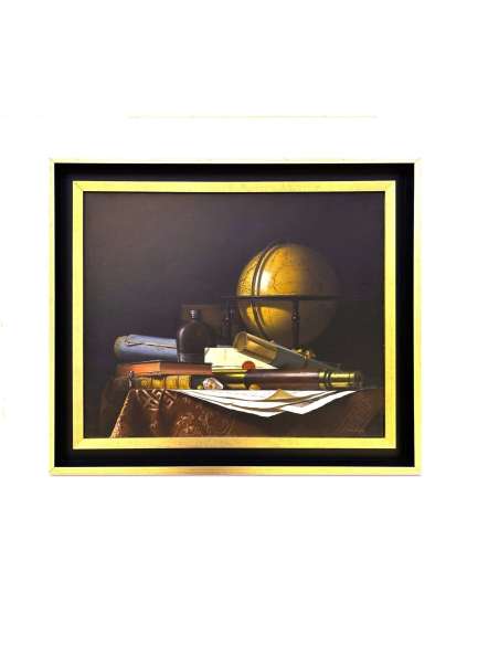 Nature Morte met Globe, Boeken en Telescoop, Olieverf op doek door Jean Grimal (1942–1998)