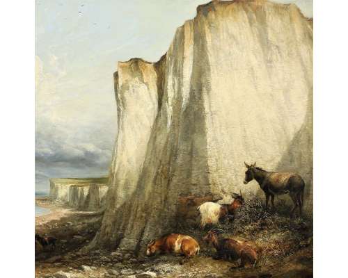 Thomas Sidney Cooper - Huile sur toile Bétail près des falaises