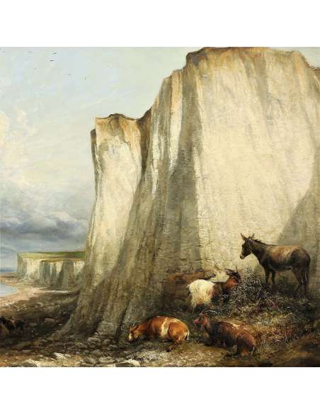 Thomas Sidney Cooper - Huile sur toile Bétail près des falaises