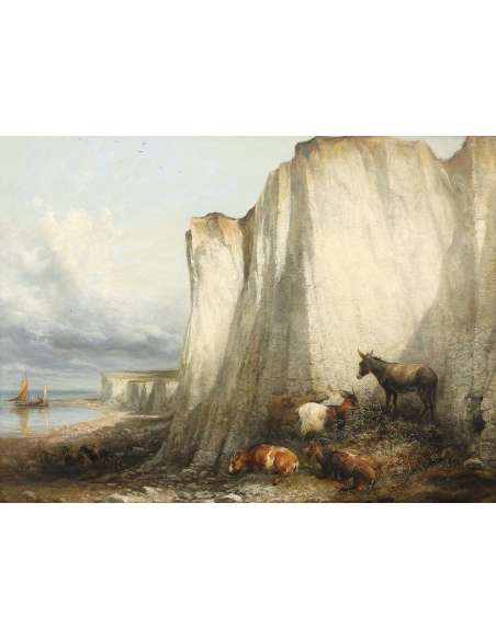 Thomas Sidney Cooper - Olieverf op doek Vee bij de kliffen