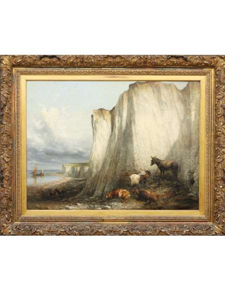 Thomas Sidney Cooper - Huile sur toile Bétail près des falaises