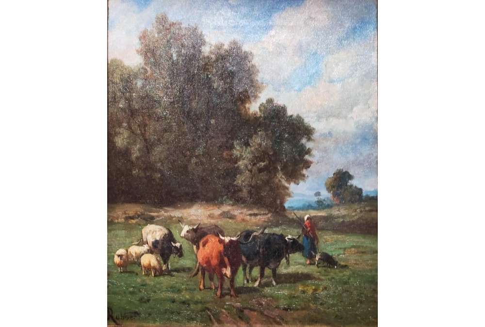 Louis Robbe olieverfschilderij herderin en vee 19de eeuw bosrand