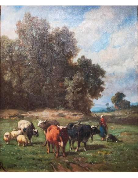Louis Robbe olieverfschilderij herderin en vee 19de eeuw bosrand