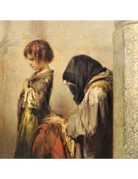 Huile sur panneau du 19ème siècle par Henri-Joseph Duwez "Seule au monde"