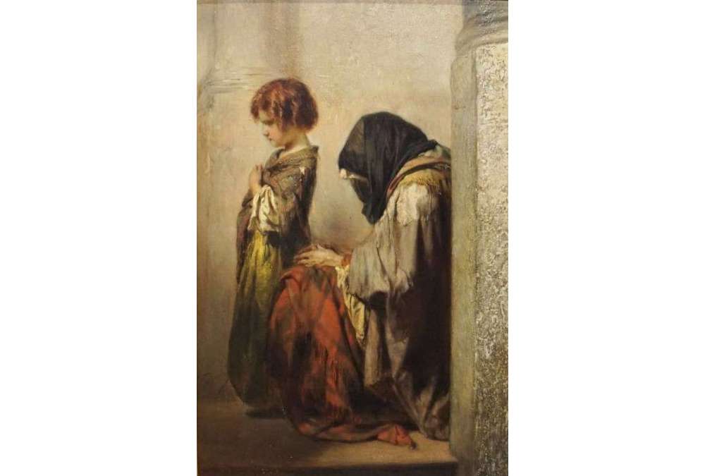 Huile sur panneau du 19ème siècle par Henri-Joseph Duwez "Seule au monde"