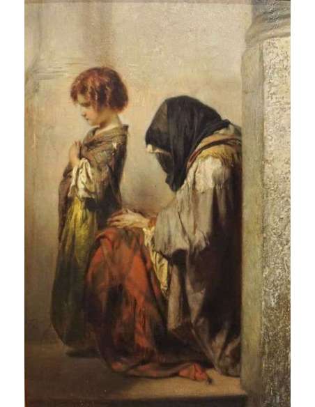 Huile sur panneau du 19ème siècle par Henri-Joseph Duwez "Seule au monde"