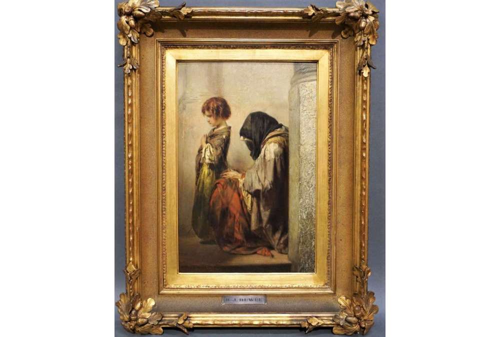 Huile sur panneau du 19ème siècle par Henri-Joseph Duwez "Seule au monde"