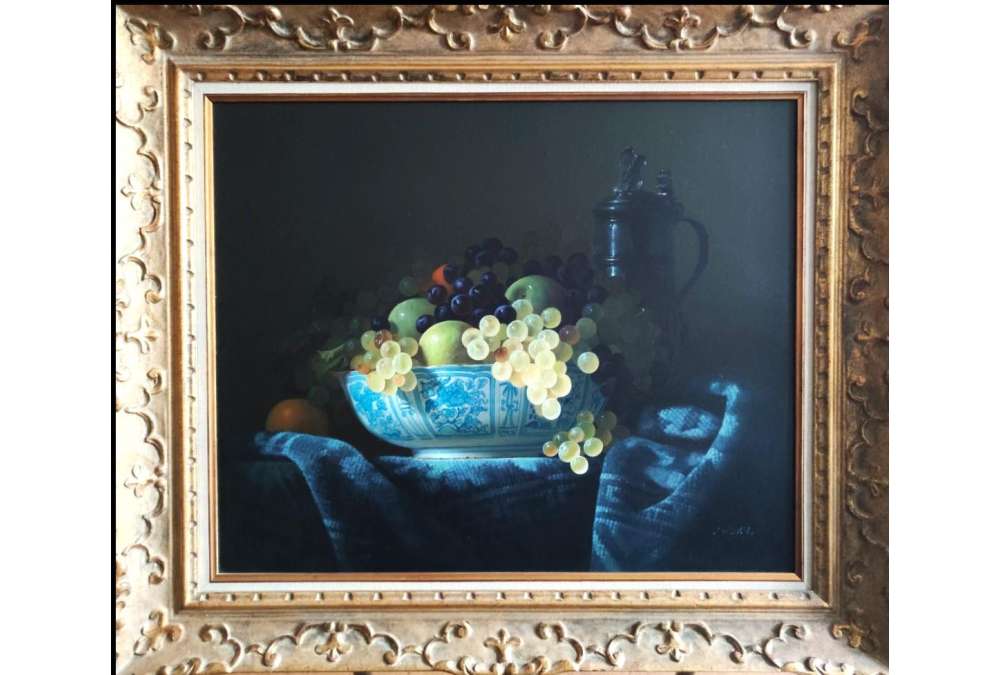 Jean Grimal oil on panel still life Chinese bowl and grapes
