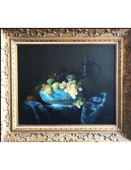 Jean Grimal oil on panel still life Chinese bowl and grapes