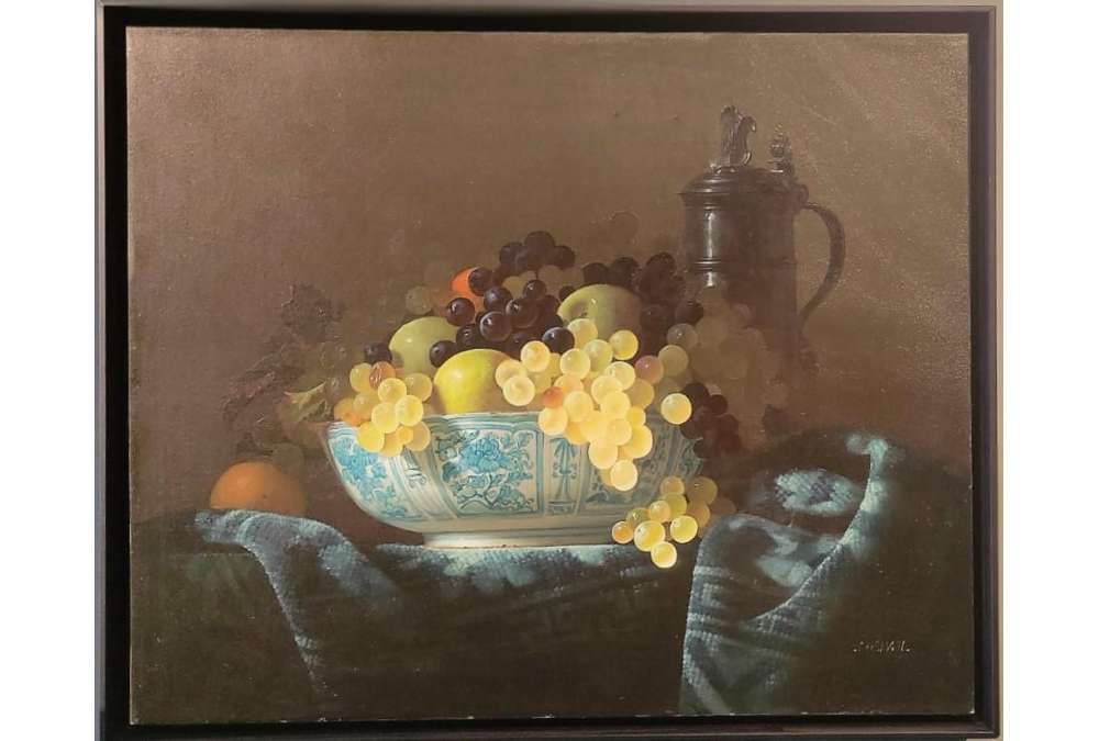 Classical Still Life by Jean Grimal - Grapes and Porcelain