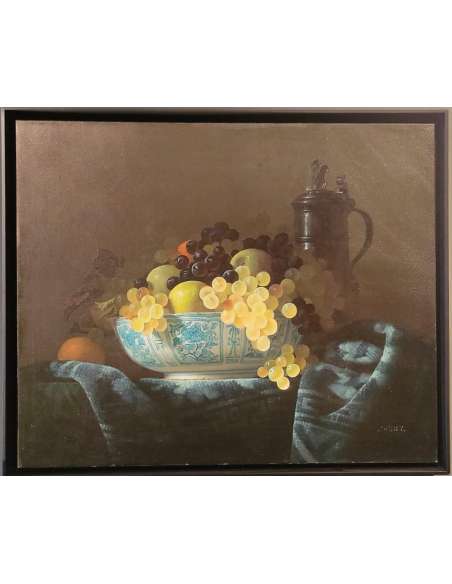 Classical Still Life by Jean Grimal - Grapes and Porcelain
